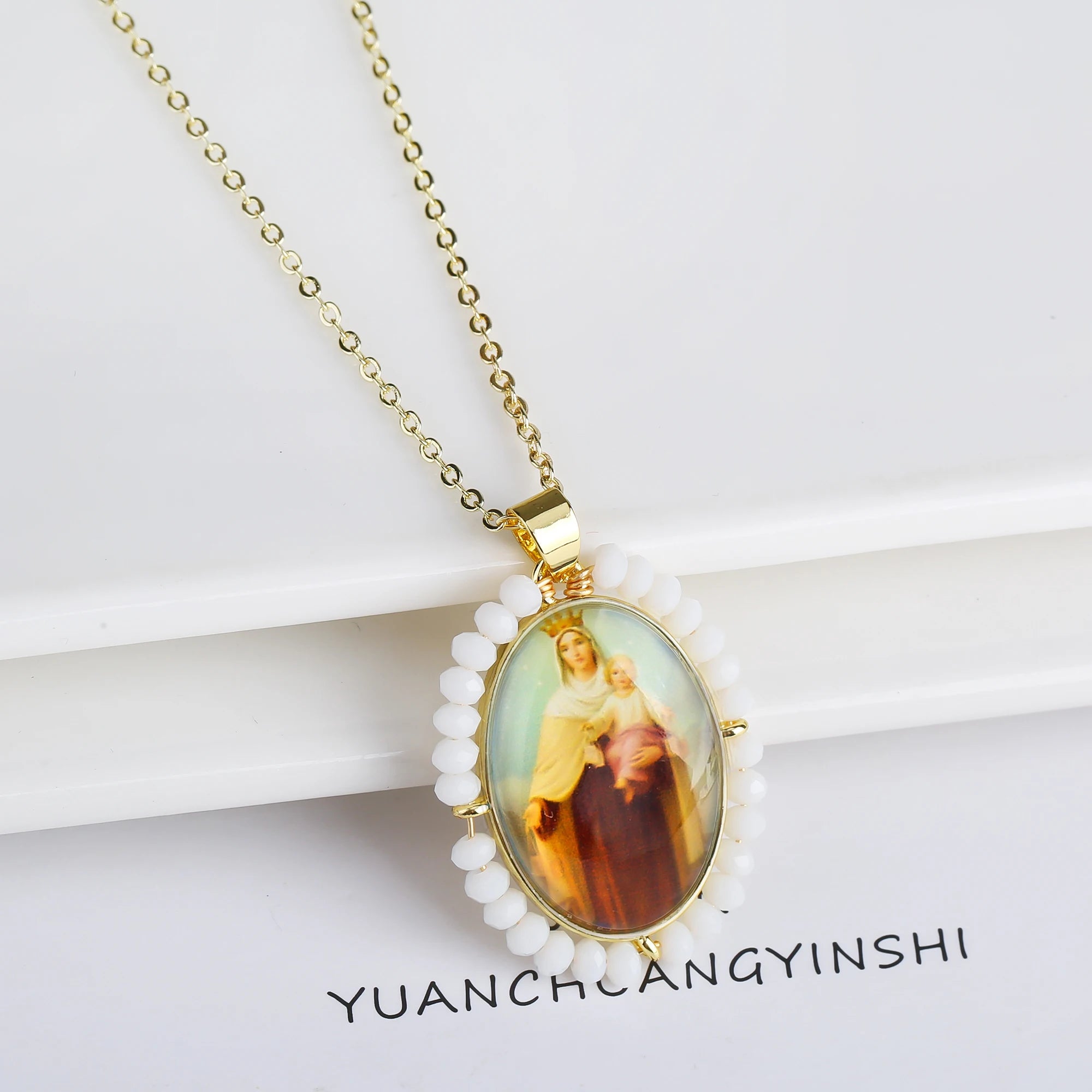 High Quality Hot Sale Religious Style Christian Catholic Image Pendant For Women Men Oval Shape Pave Beads Chain Choker Jewelry Qme 8