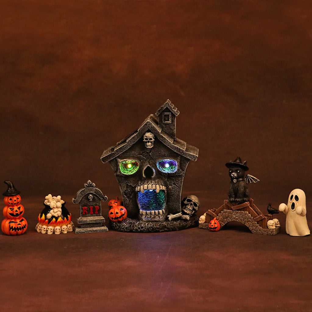 Halloween Head Haunted House Village Figurine Decoration Resin Mansion Lighted Decor For Home Kitchen Fireplace Desk Ornaments Qme