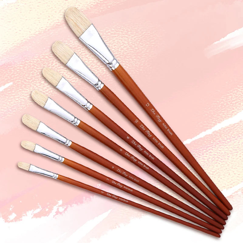 Professional Hog Bristle Filbert Oil Paint Brushes Long Wooden Handle Qme