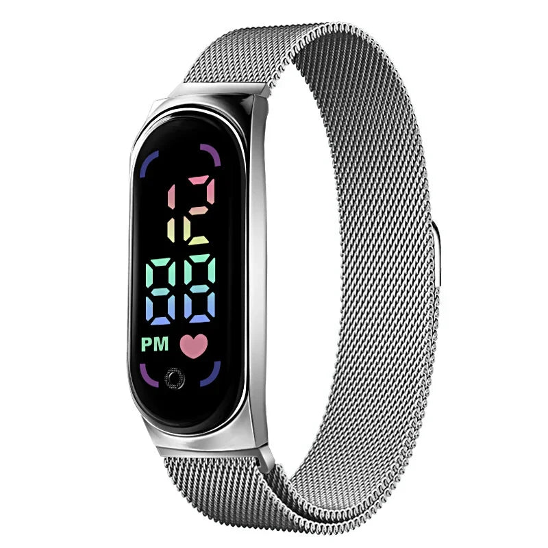 2023 New LED Women Watch Magnetic Watchband Strap Waterproof Touch Feminine Clock Fashion Digital Wristwatches Qme Silver