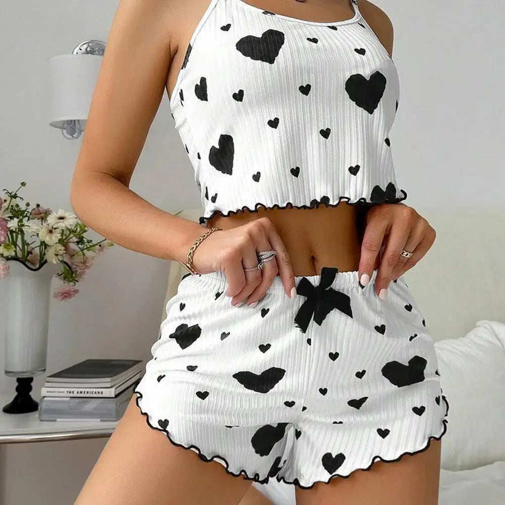 2pcs Women's Pajama Set Sexy Cute Kawaii Pajamas Women suspenders Sun-Tops Loungewear Set Shorts Lolita Heart Silk Sleepwear Qme Black L