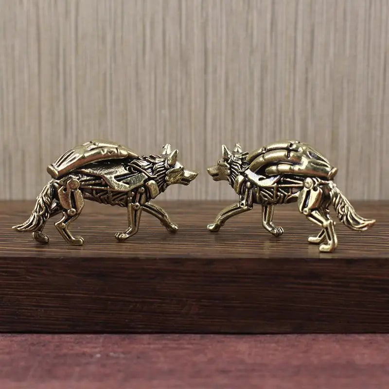 Pure Brass Wolf Statue Desktop Ornament Tea Set, Vintage Bronze Animal Figurine Miniature Decoration Qme