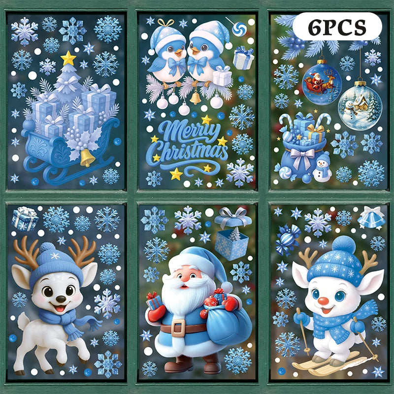 Blue Christmas Window Clings-Static Sticker Set With Bells, Reindeer, Santa, Snowflakes & Snowman For Holiday Party Decor Qme A13