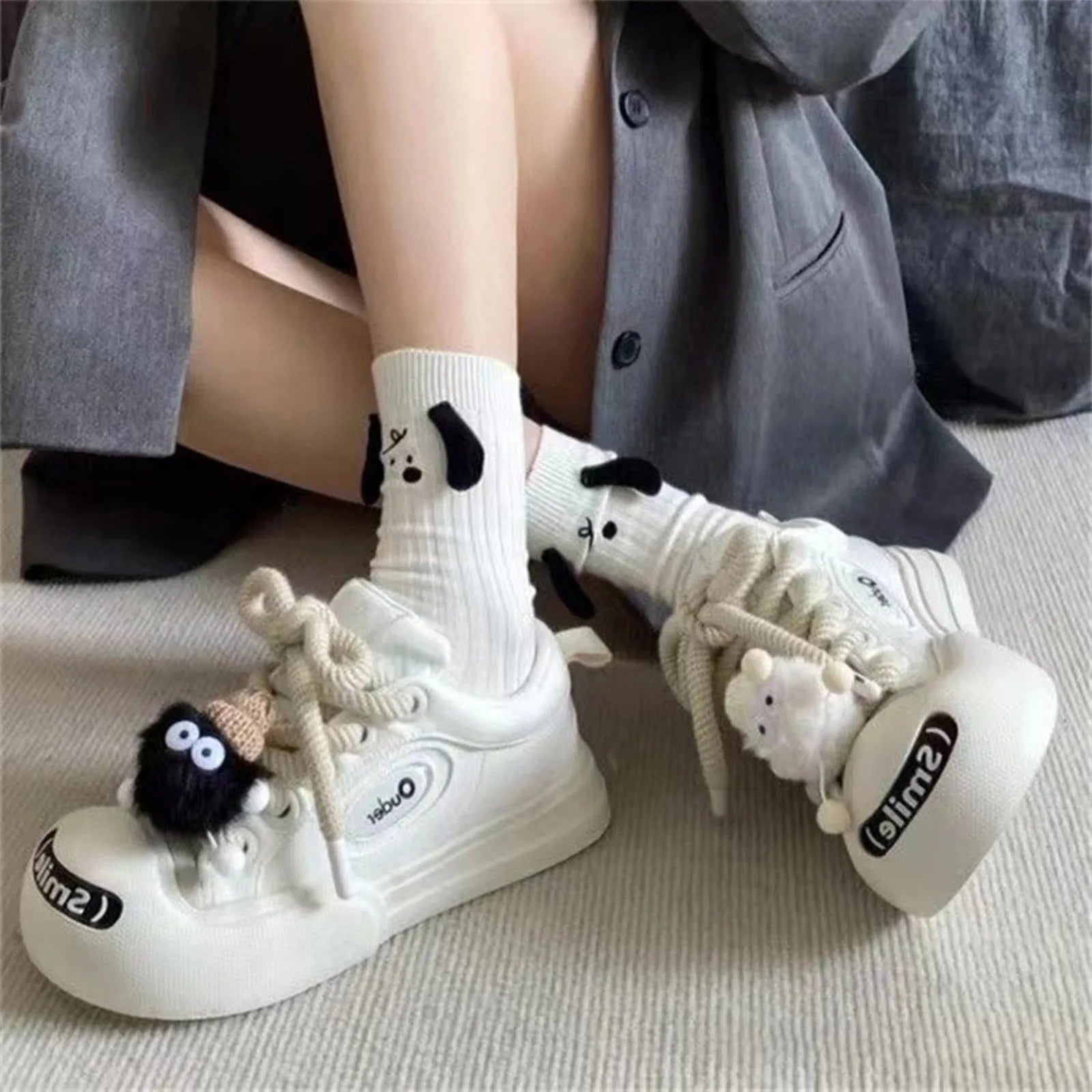 Cartoon Cute Black White Women New Fashion Kawaii Large Shoes Versatile Platform Shoes Skateboard Sneakers With Thick Shoelaces Qme