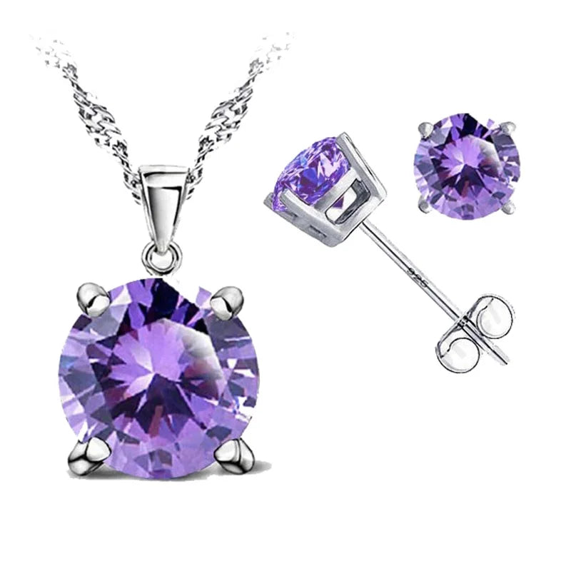 Good Quality 925 Sterling Silver Color Jewelry Sets for Woman Classic Claw Setting Cubic Zirconia Stud Earring Pendant Necklace Qme Color 3