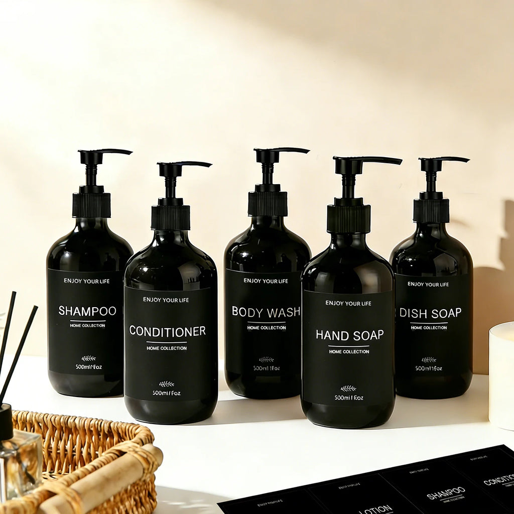 Shower Soap Dispenser Set Glossy Black Refillable Shampoo and Conditioner Body Wash Dispenser with Waterproof Labels Bathroom Qme