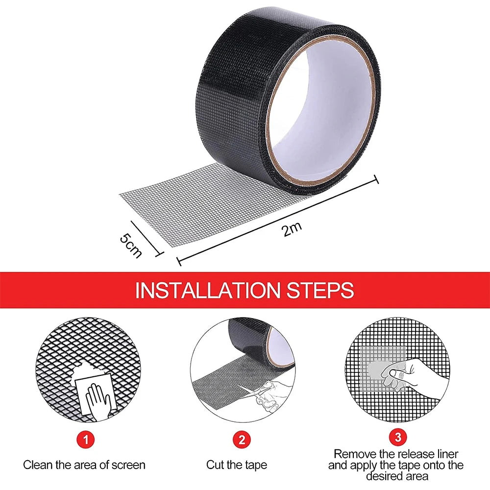 2M Door Window Screen Repair Tape 5cm Width Super Strong Adhesive Waterproof Fiberglass Instantly Covering Mesh Hole Tears Tape Qme