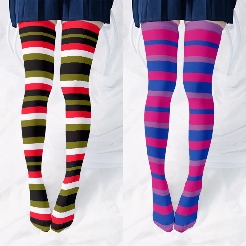 Fun Rainbow Striped Stockings Women's Sexy Fashion Multicolor Thigh Qme