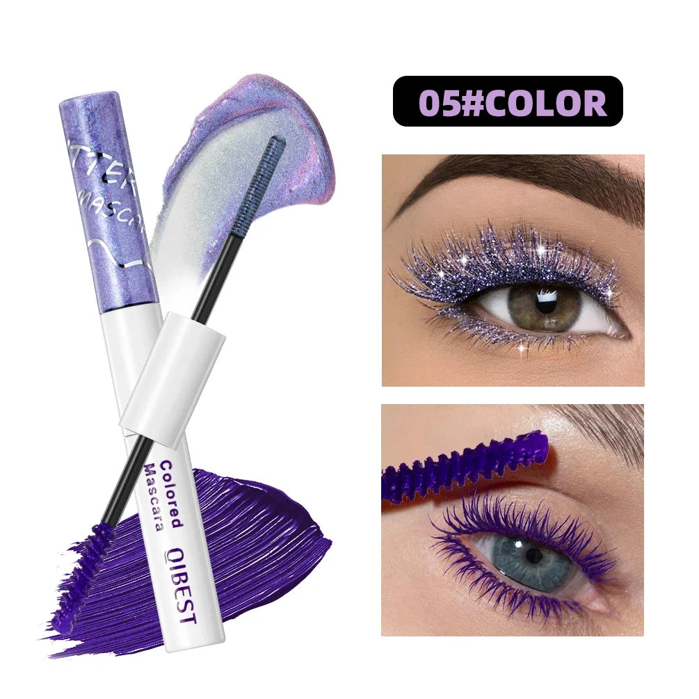 QIBEST 2 In 1 Diamond Glitter Mascara Lasting Colored Mascara Eyelashes Thickening Voluminous Double Ended Waterproof Mascara Qme 05
