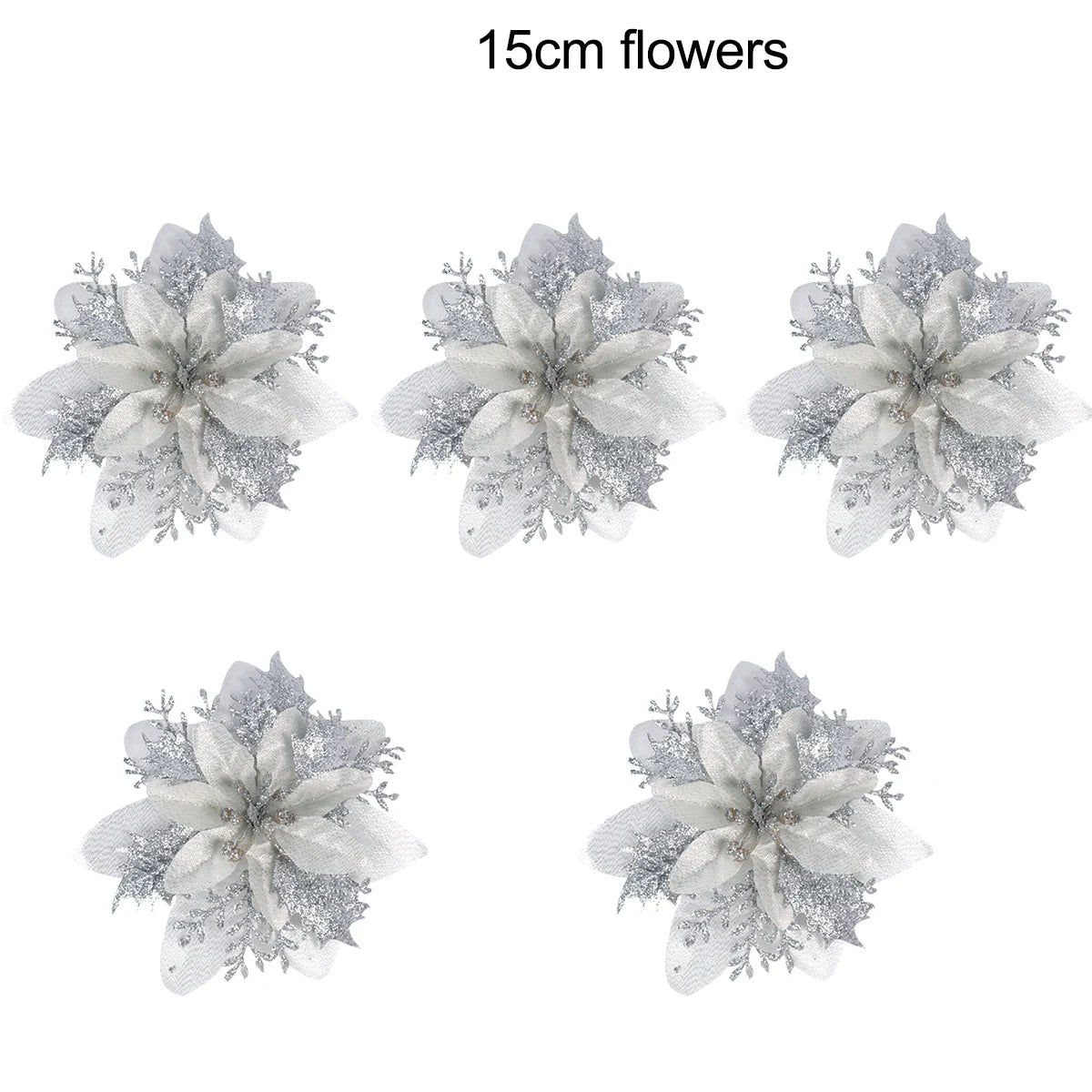 5-20pcs Sparkling Red Golden Silver Poinsettia Artificial Flowers Christmas Tree Ornaments for Xmas New Year party Decoration Qme SLIVER 5pcs