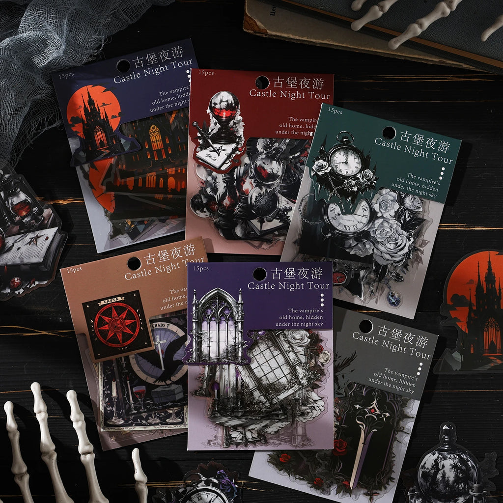 15 Sheets/Bag Halloween Horror Castle Theme Stickers for Scrapbooking DIY Collage Material Phone Case Frame Decoration Qme