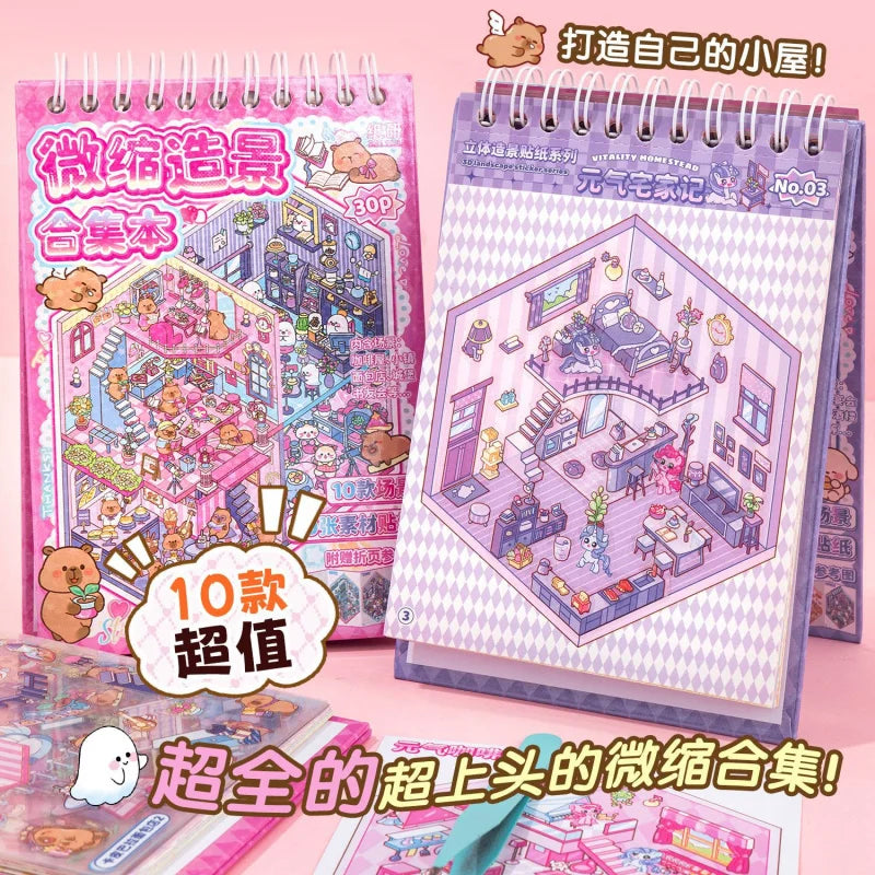 20-Sticker Cute Animal Miniature Scenery Spiral Book, 10 Different Scenes, Stress-Relief Scenery Sticker Album Qme