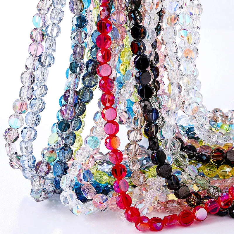 Flat Round Glass Beads Transparent Faceted Glass Spacers Colorful Coin Beads Crystal Loose Beads for Jewelry Making DIY Bracelet Qme