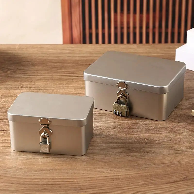 Silver Lockable Tin Storage Box Multifunctional Desktop Metal Jewelry Qme