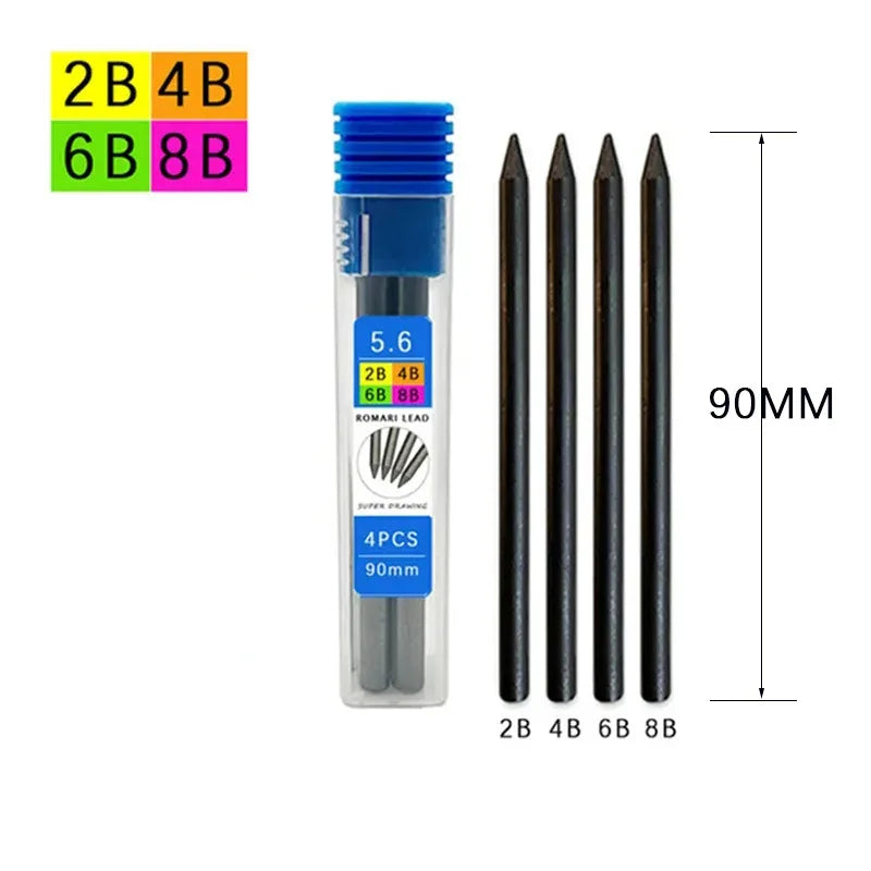 4Pcs/Box 5.6mm 2B/4B/6B/8B Solid Mechanical Pencil Replaceable Lead, Mechanical Pencil Lead Marking Architectural Accessory Qme
