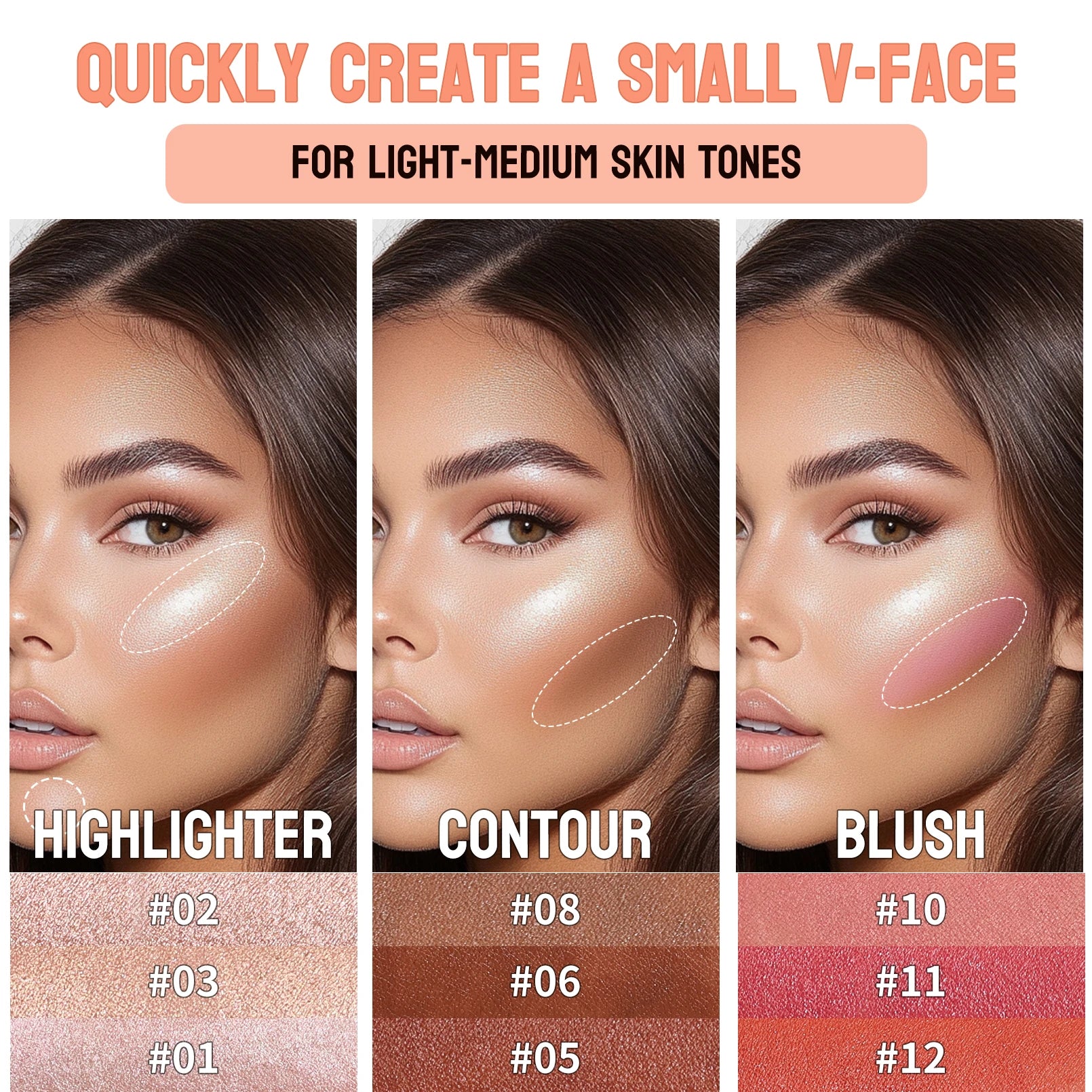 3-Piece Cream Contour Set, Contour Sticks, Highlighter Stick, Blush Stick, Including Brush, Non-Greasy Waterproof Long-Lasting Qme