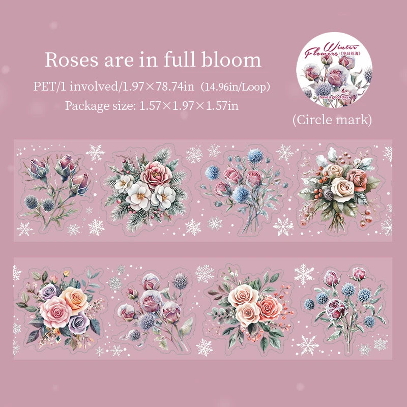 1 Roll Winter Floral Theme PET Material Die-Cut Tape for Journal Diary DIY Scrapbook Collage Decoration Supplies Qme 4