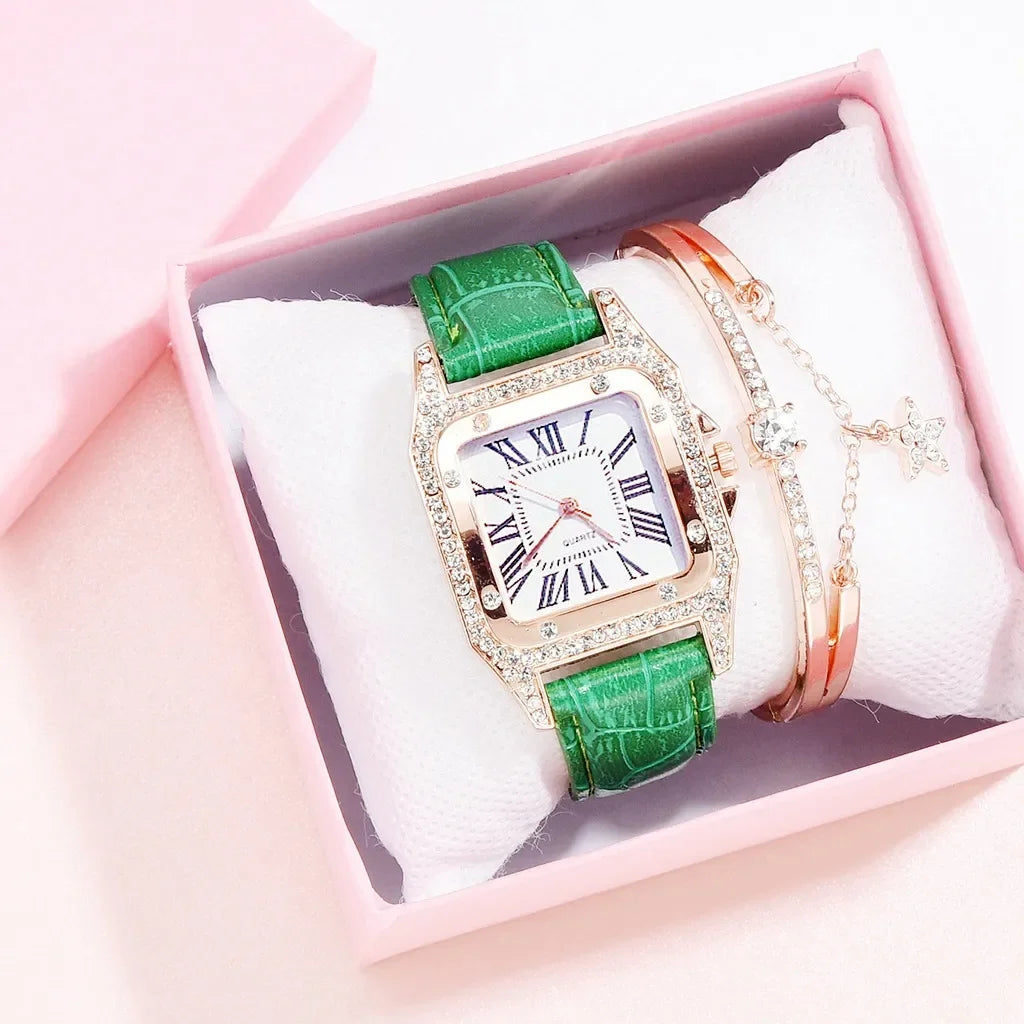 Women Diamond Watch Starry Square Dial Bracelet Watches Set Ladies Leather Band Quartz Wristwatch Female Clock Zegarek Damski Qme green set