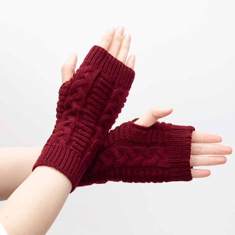 Women Knitted Fingerless Gloves Hand Warmer Winter Gloves Short Arm Sleeve Solid Color Work Mittens Casual Soft Female Gloves Qme