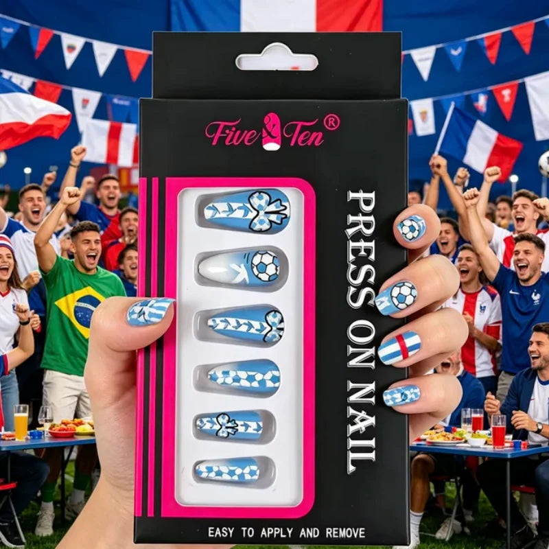 Argentina Press On Nails Blue White Football Fan Party False Nails Waterproof Easy Apply Remove Qme