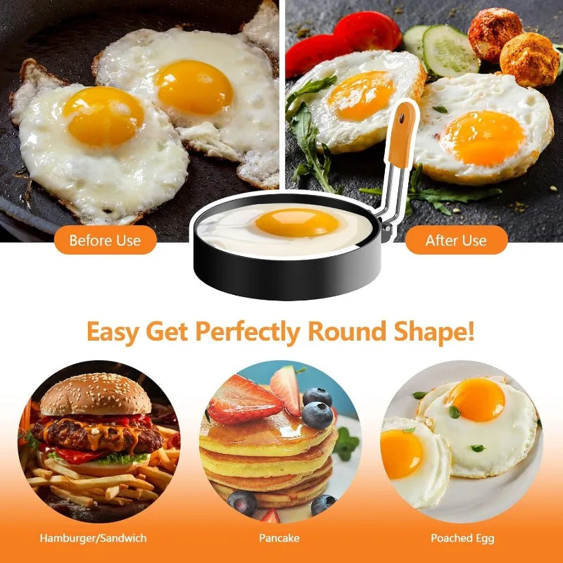Stainless Steel Omelette Mold Professional Egg Ring Pancake Ring with Silicone Handle Oil Brush for Fried Eggs Omelets Muffins Qme