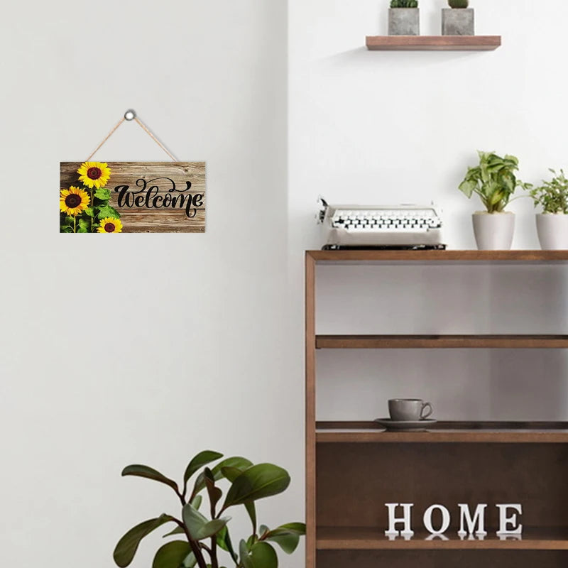Rustic Sunflower Welcome Wall Hanging Decor Wood Art Plaques Sign Door Sign for Home Living Room Kitchen Decor Qme