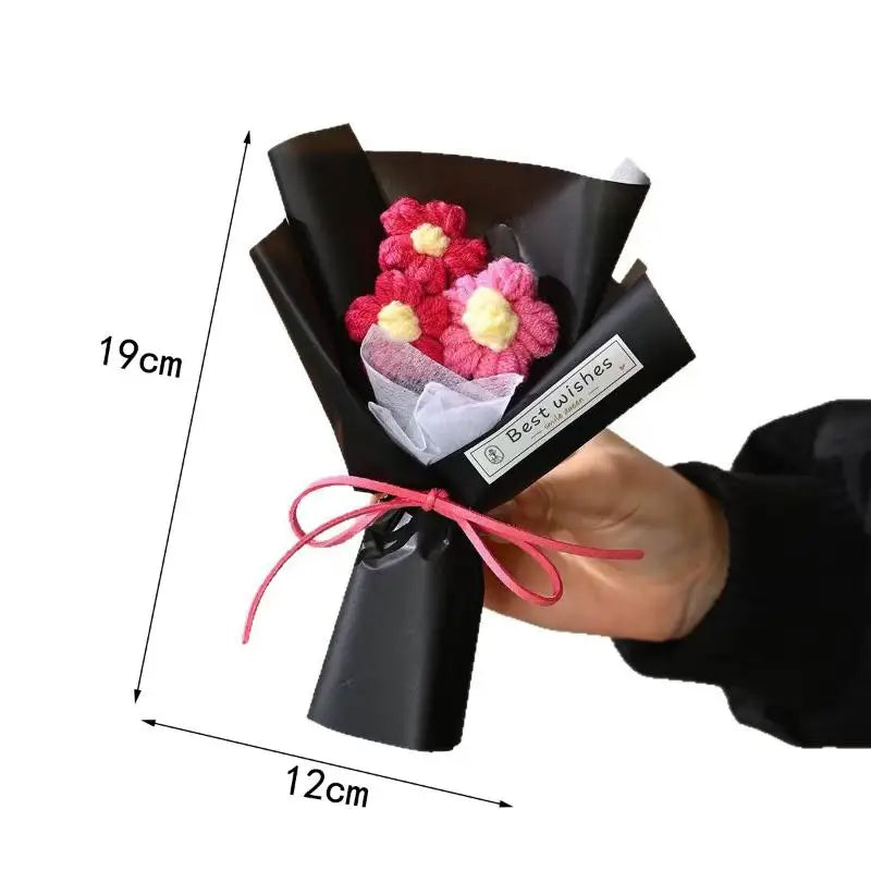 Mini Handmade Yarn Flower Bouquet Crochet Heart Valentine's Day Qme