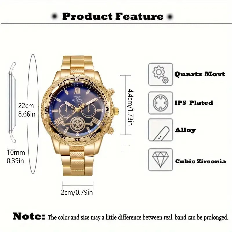 Men's quartz watch and frozen Cuban chain necklace set, 3-piece set, fashionable business watch, father plot gift Qme