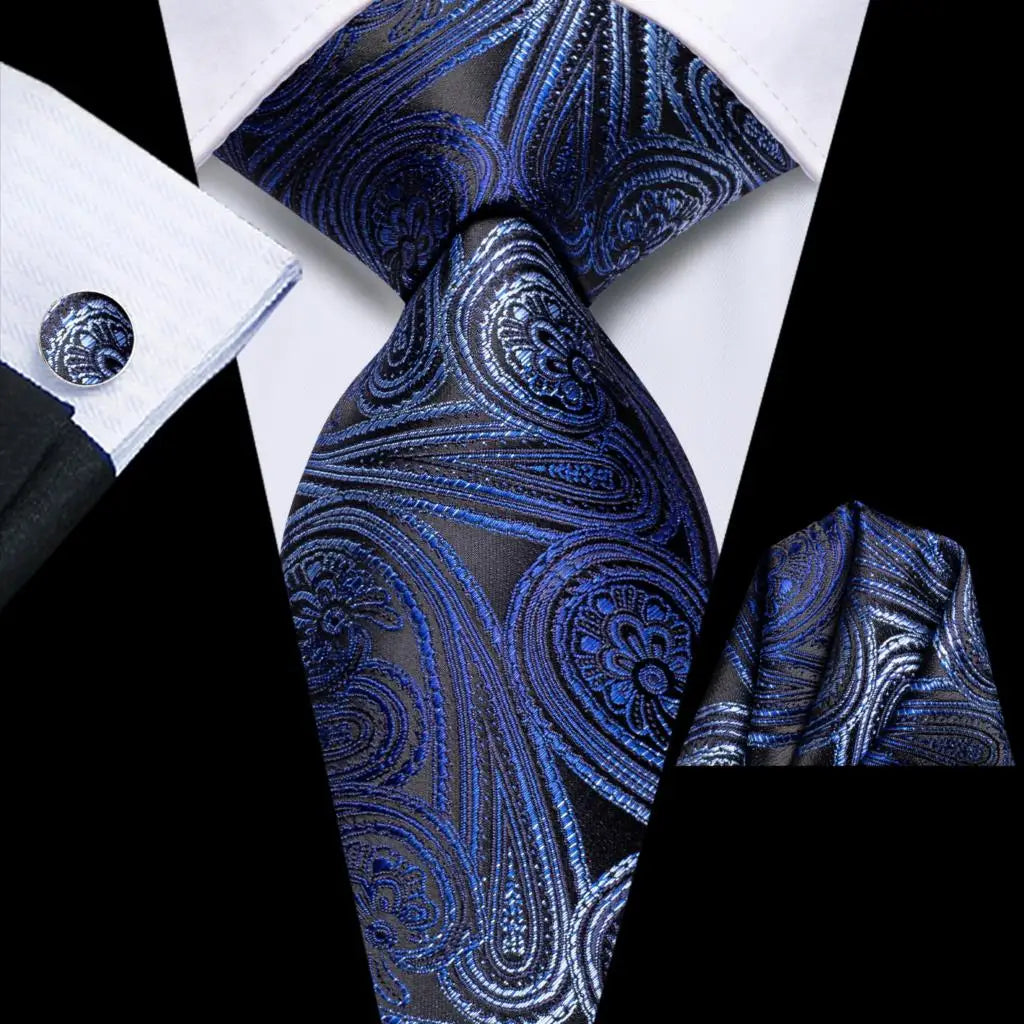Hi-tie Striped Navy Blue Mens Fashion Necktie Handkerchief Cufflinks