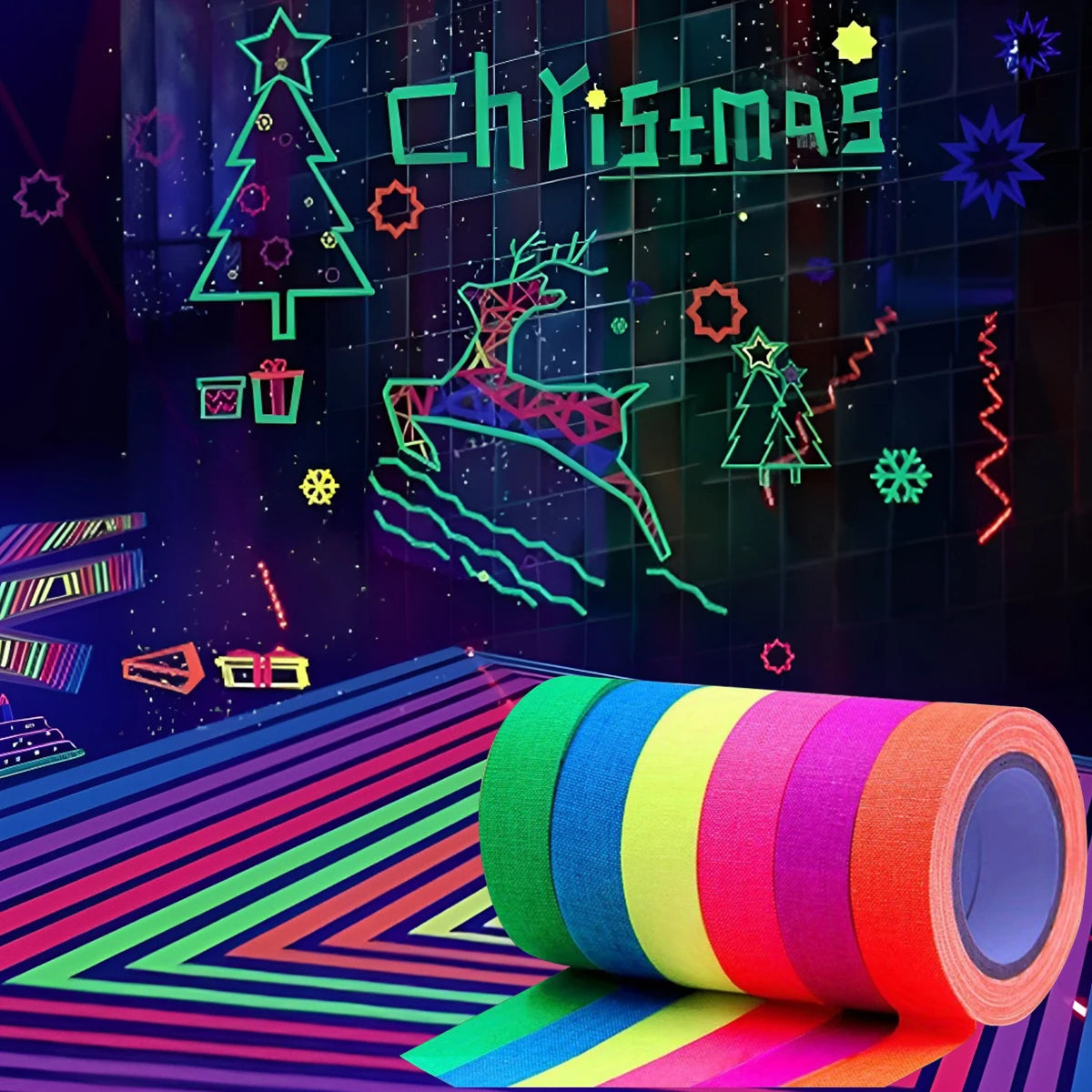 6-Pack Neon Fluorescent Tape Set 6 Vibrant Colors Uv Reactive For Black Light Parties & Crafts Qme