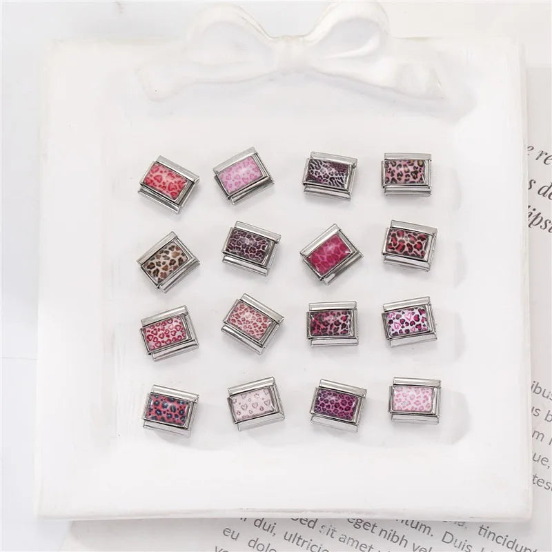 Fashion Pink Color Y2K Leopard Print Love Heart Butterfly Italian Charm Links Fit 9mm Stainless Steel Bracelet DIY Making Gifts Qme