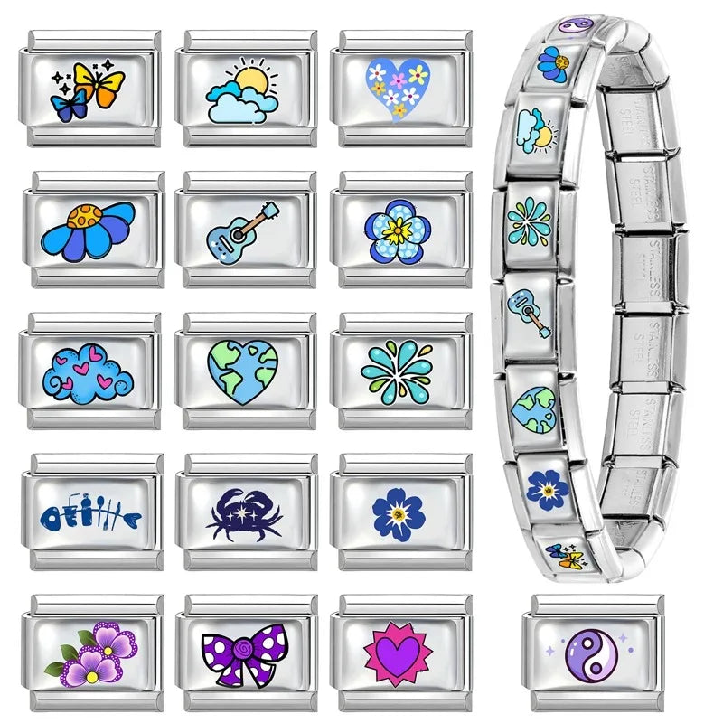New 2026 Y2K Rainbow Heart Earth Blue Series Pattern Italian Charm Links Fit 9mm Stainless Steel Bracelet Jewelry DIY Making Qme