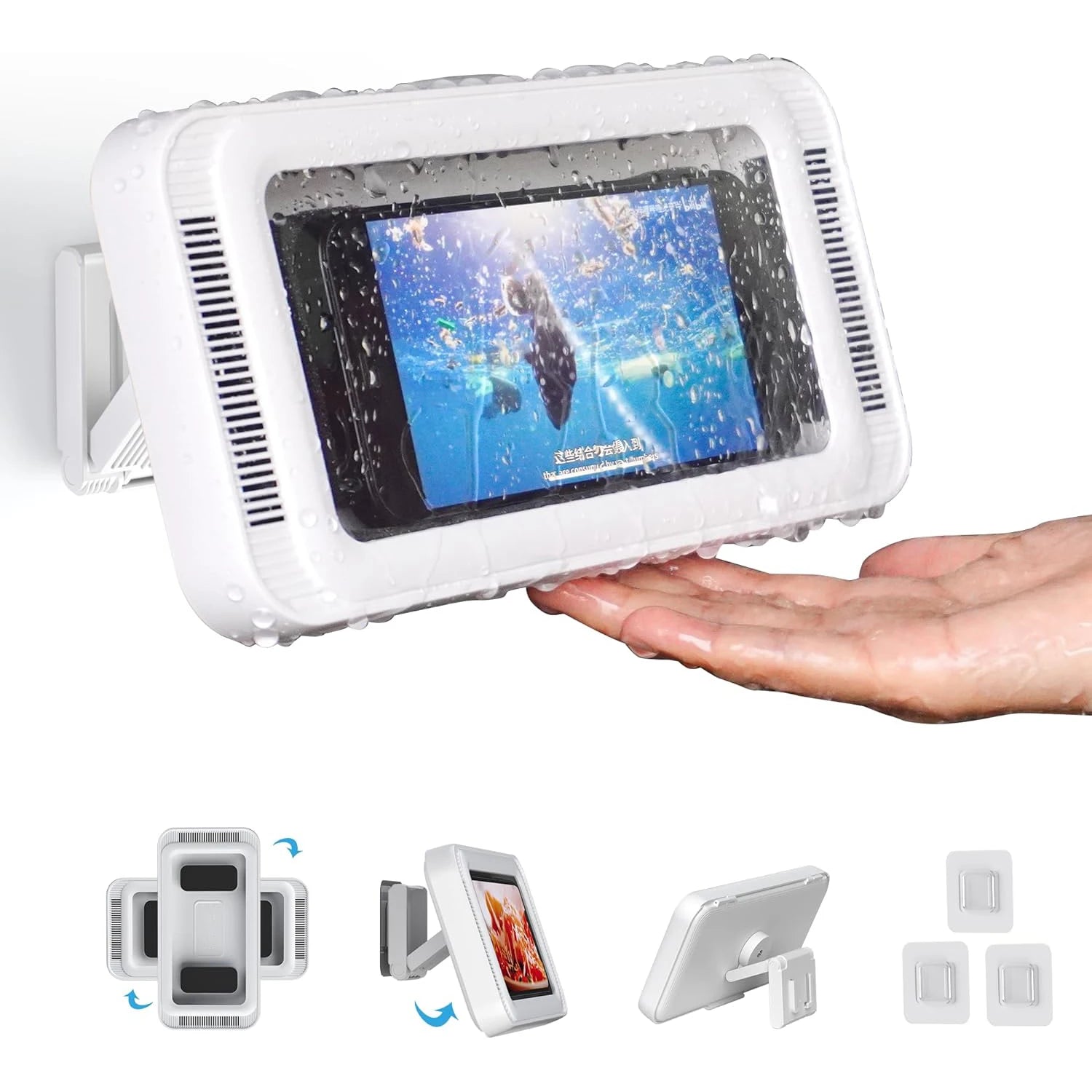 Shower Phone Holder with Speaker 480 Rotation, Wall Phone Mount for Shower Waterproof Anti Fog Shower Case for 4-7" Phones Qme