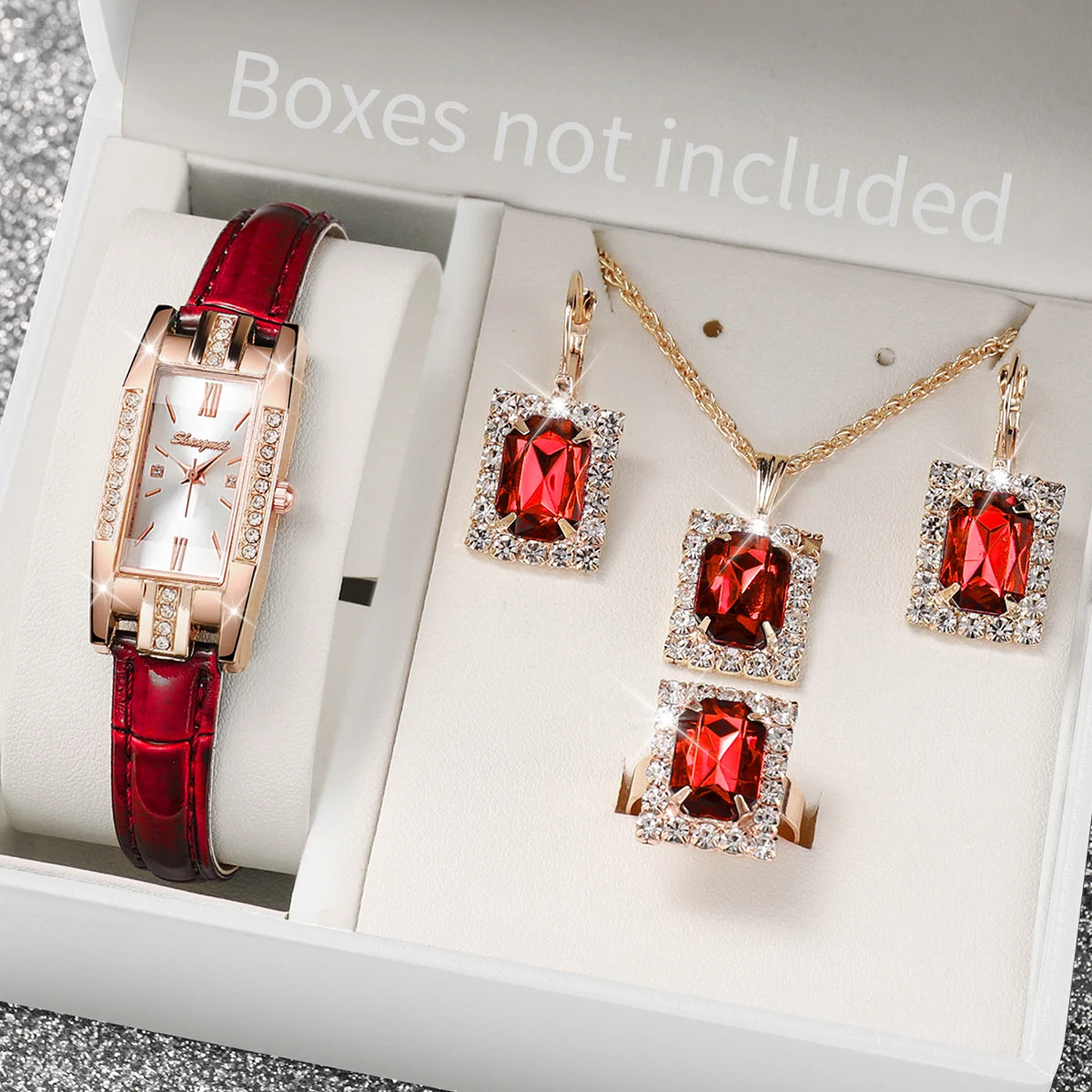 5Pcs/set Elegant temperament square women's quartz watch Korean style personality small green watch belt women's watch Qme 3