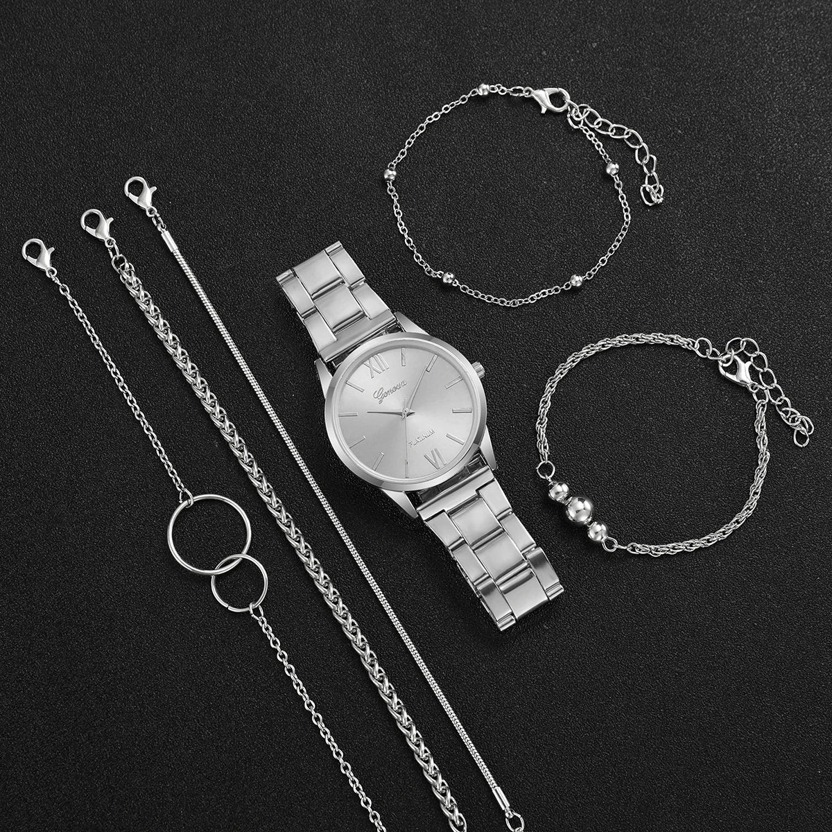 6 Pçs/set Moda Roma Dial Mulheres Relógio de Quartzo Banda de Liga de Prata Feminino Relógios de Pulso Pulseiras Conjunto Qme