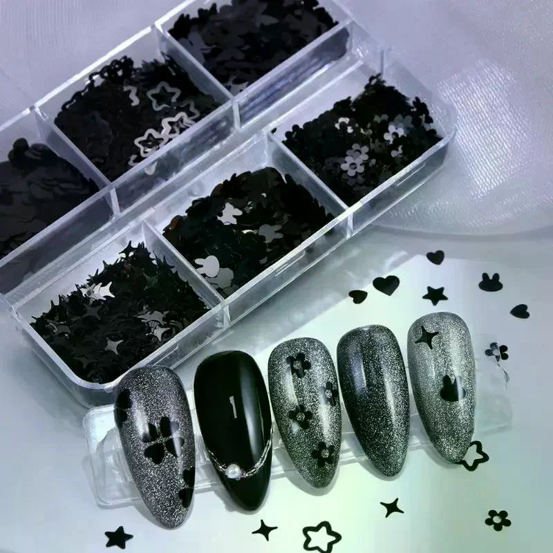 6 Grids Black Heart-shaped Butterfly Star Nail Glitter Mixed Decor Qme Default Title