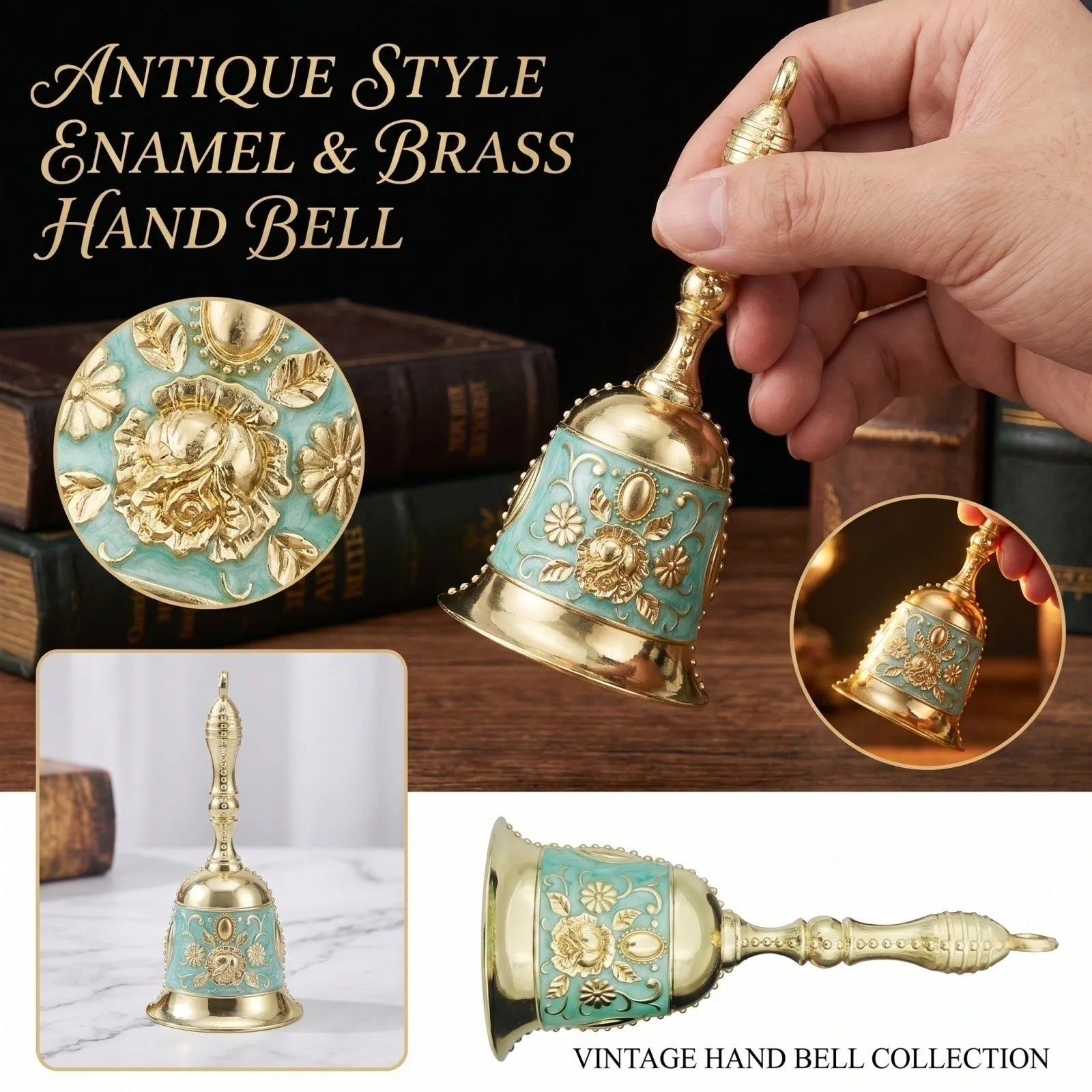 Brass Handicraft Large Engraved Hand Bell Loud and Clear Sound for Meditation Church Bronze Bell Creative Dining Service Bell Qme Cyan One Size