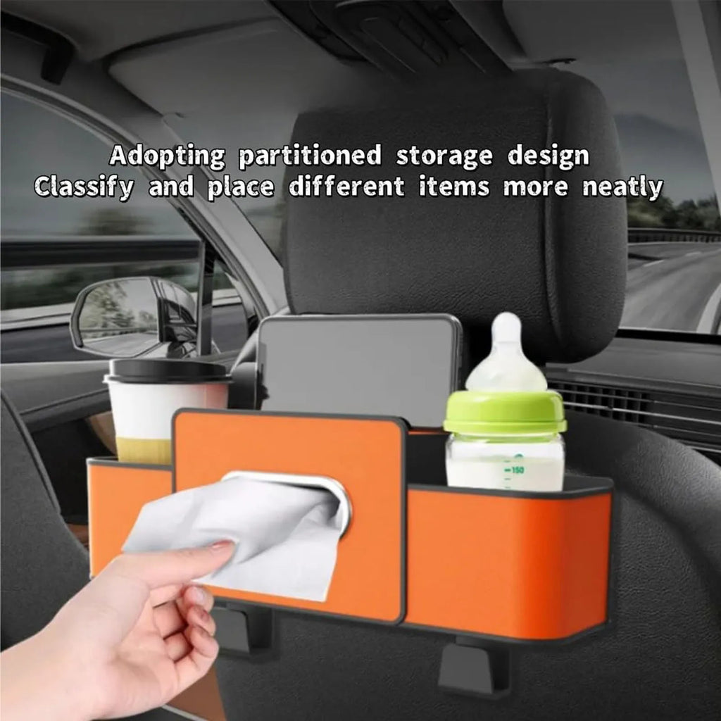 Car Storage Organizer Multifunctional Car Seat Back Storage Box with 2 Cup Holders, Tissue Box and Hook Suitable for Most Car Qme