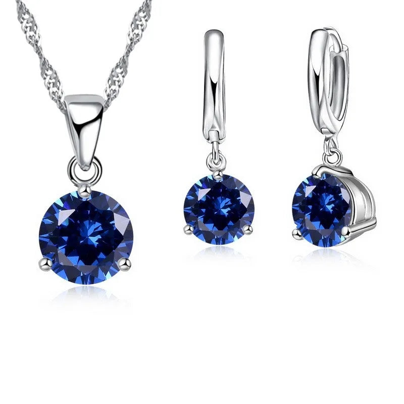 Candy Color Wedding Elegant Jewelry Sets 925 Sterling Silver Color Crystal Pendant Collar Necklace Earrings Qme