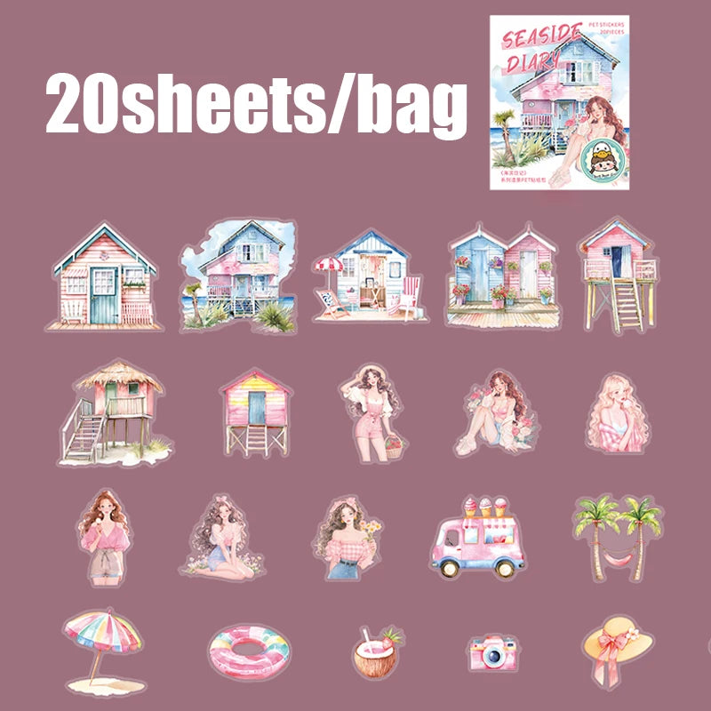 Vacation Girl & Scenery PET Sticker Pack, Journal Collage Decor, Toppa Decoration, Gift Wrapping & Multi-Purpose Stickers Qme C