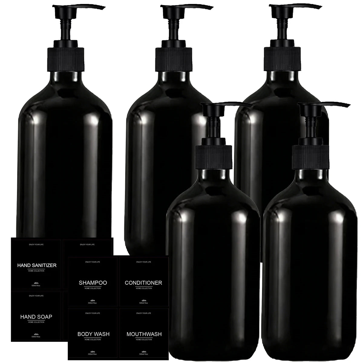 Shower Soap Dispenser Set Glossy Black Refillable Shampoo and Conditioner Body Wash Dispenser with Waterproof Labels Bathroom Qme 5pcs-A