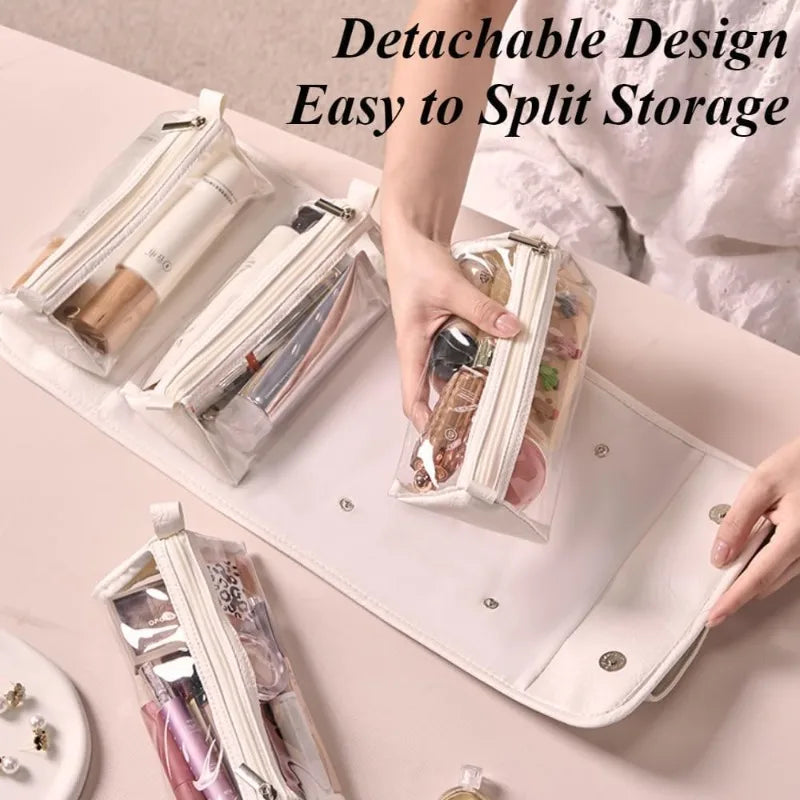 4-in-1 Detachable Leather Cosmetic Bag Waterproof Clear Compartments Qme