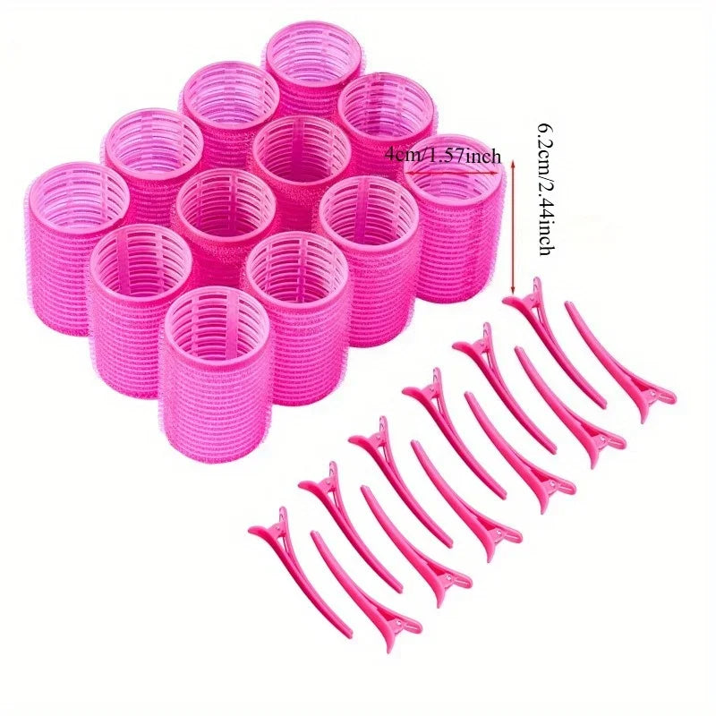 Self-adhesive hair curlers and clips set, consisting of 12 self-gripping curlers and 12 crocodile skin curling clips. Qme