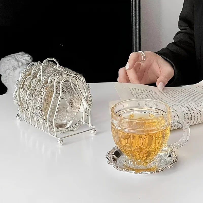 6Pcs Carved Metal Drink Coasters With Holder Luxury Cup Pad Heat Resistant Table Protection Mat for Coffee Tea Mugs Home Decor Qme
