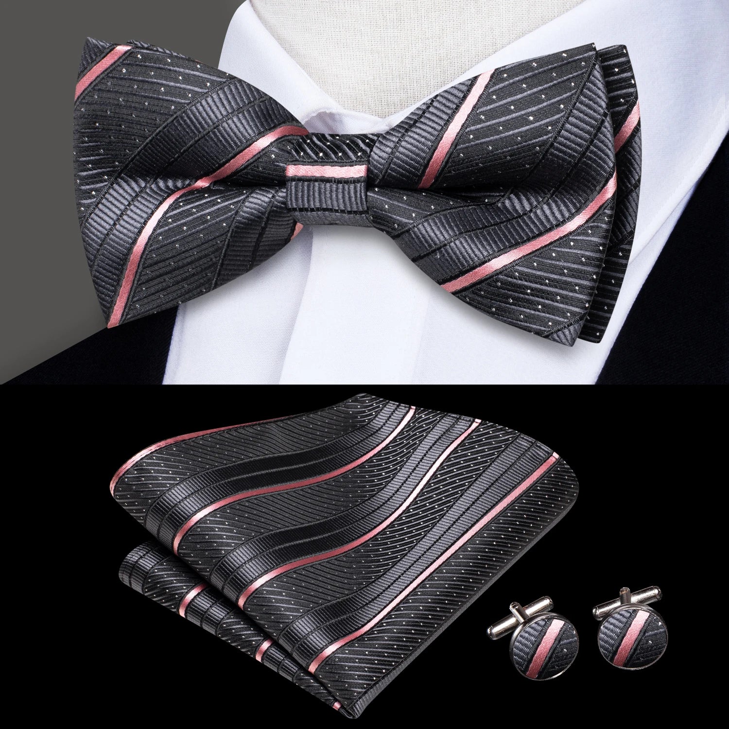 Hi-tie Grey Plaid Jacquard Pre-tied Mens Bow Tie Hanky Cufflinks Qme LH-2529