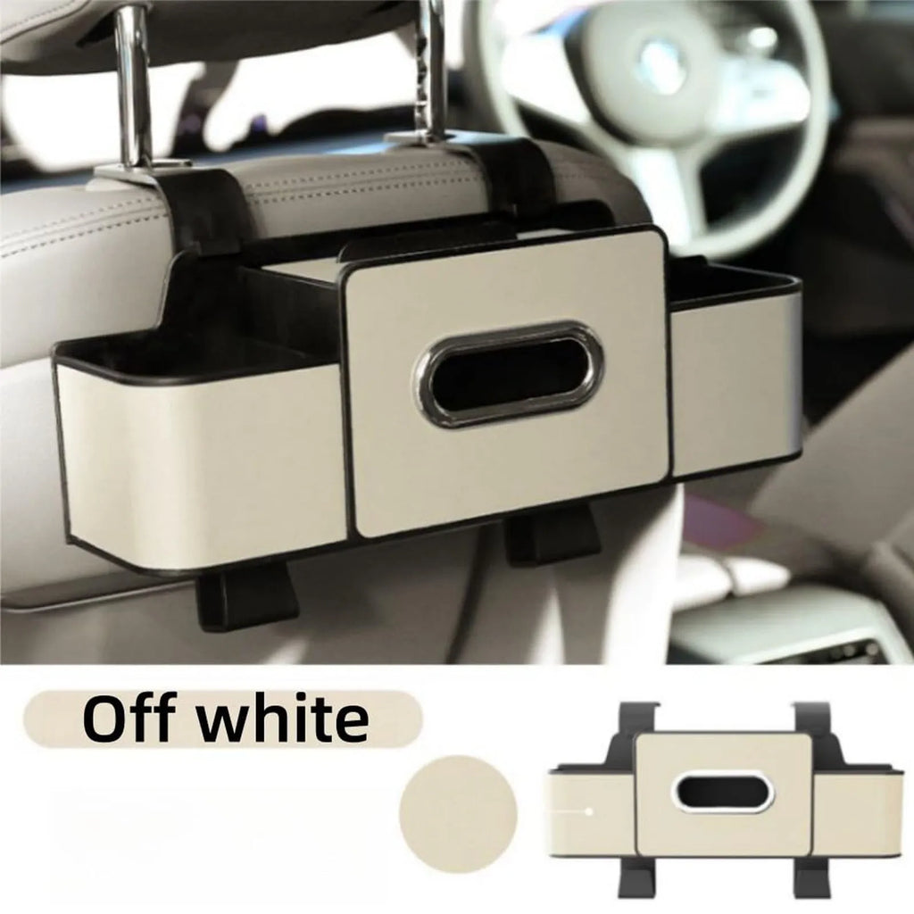 Car Storage Organizer Multifunctional Car Seat Back Storage Box with 2 Cup Holders, Tissue Box and Hook Suitable for Most Car Qme White