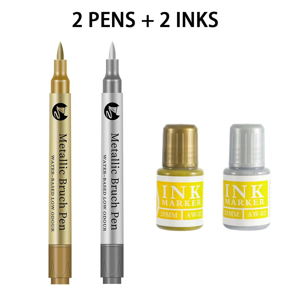 4-8Pcs Metallic Permanent Marker Pen Gold Silver Waterproof Paint Pen And Ink For DIY Rock Ceramic Glass Wood Craft Art Qme 2Pens - 2Inks