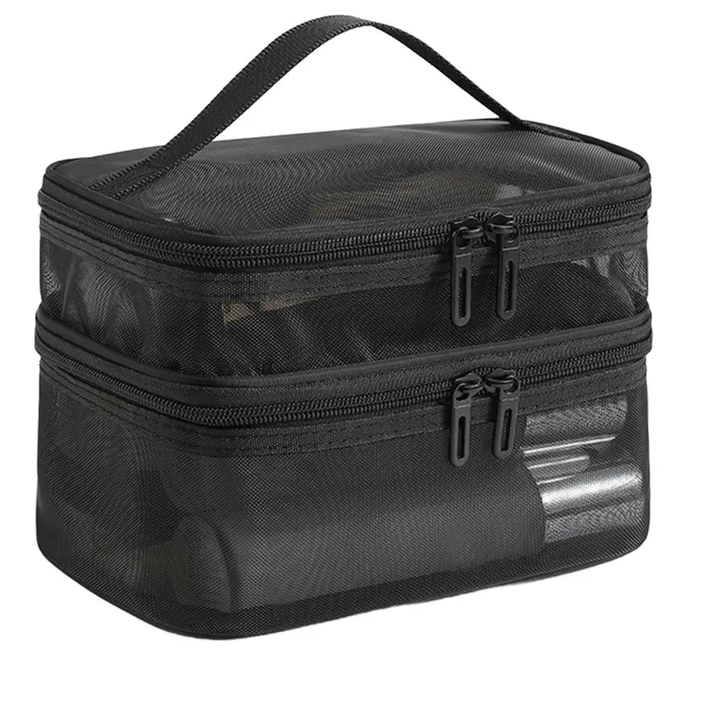 Travel Makeup Bag Handheld Mesh Storage Double Layer Cosmetic Pouch Qme A