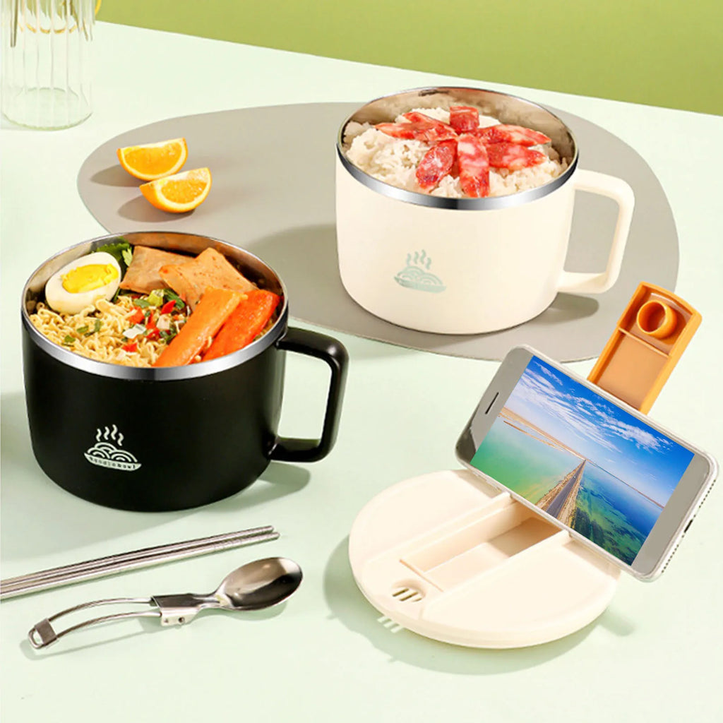 1200ml Stainless Steel Ramen Bowl with Lid Chopsticks Spork Portable Noodle Cup 304 Steel Food Container for Office School Qme