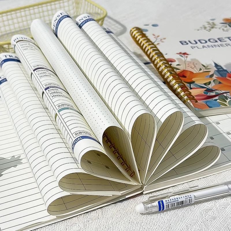 Floral Planner Notebook, Coiled Financial Ledger, Income & Expense Tracker for Budgeting, Ideal for Office Workers, Students Qme